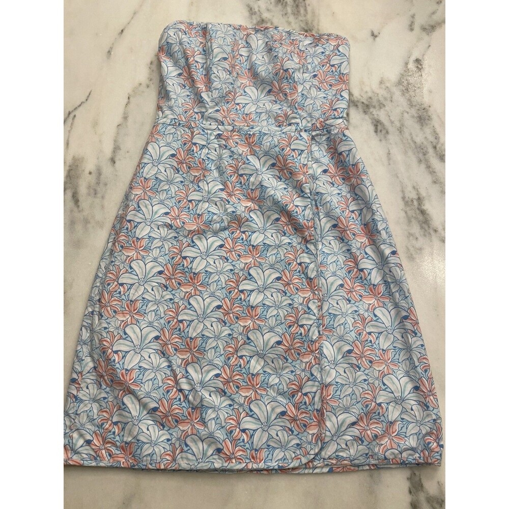 Vineyard Vines Blue Pink Floral Strapless Corseted Faux Wrap Dress Size 2